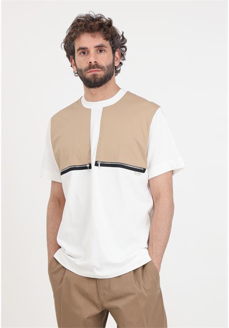 Cream and beige men's T-shirt with fake zip pockets on the front YES LONDON | XM4114PANNA-CAMEL